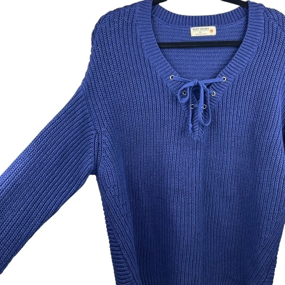 Y2K RUFF HEWN Chunky Ribbed Oversized Blue Sweater Size XL 1X V-Neck Pullover